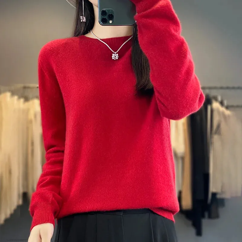 Women 100% Pure Merino Wool Knitted Sweater Autumn Winter Fashion O-Neck Pullover Seamless Jumper Tops Cashmere Warm Clothes