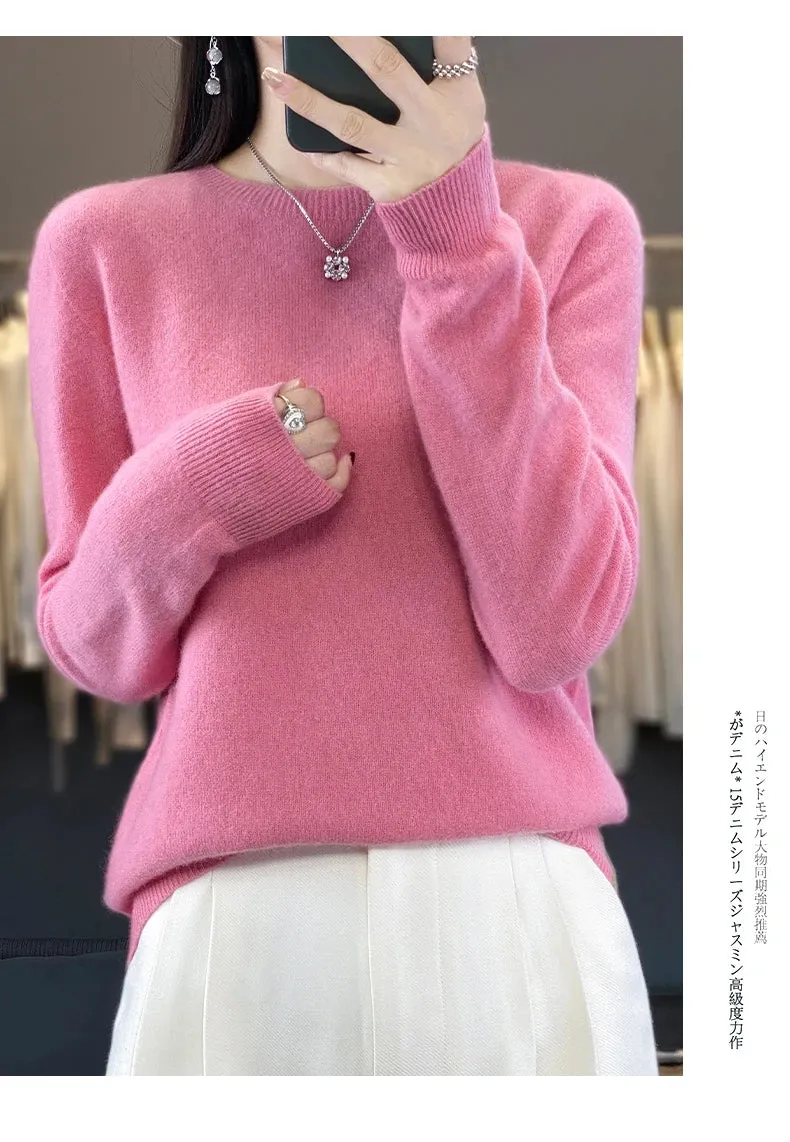 Women 100% Pure Merino Wool Knitted Sweater Autumn Winter Fashion O-Neck Pullover Seamless Jumper Tops Cashmere Warm Clothes