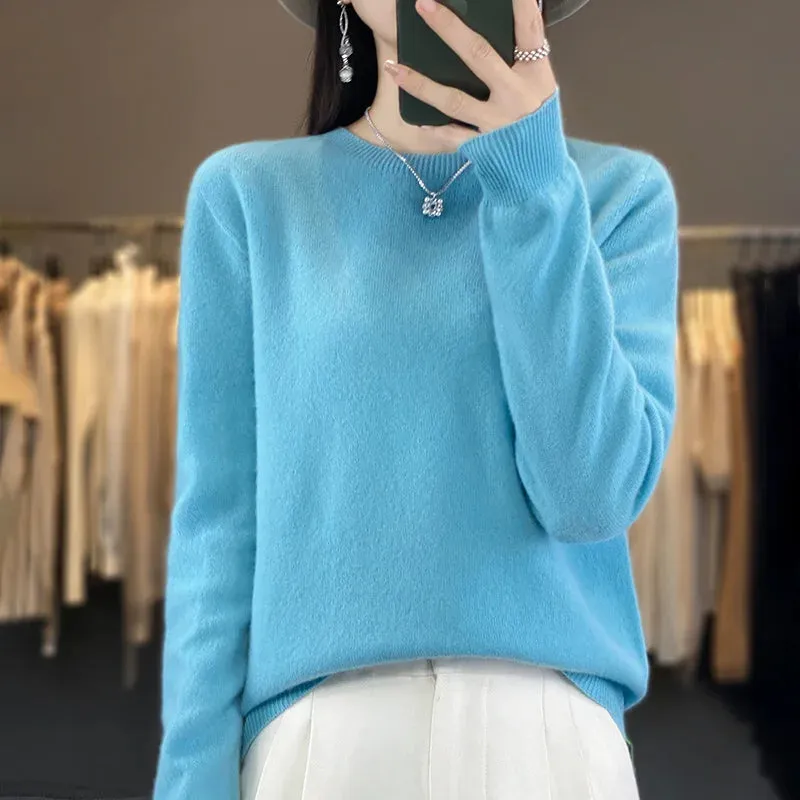 Women 100% Pure Merino Wool Knitted Sweater Autumn Winter Fashion O-Neck Pullover Seamless Jumper Tops Cashmere Warm Clothes