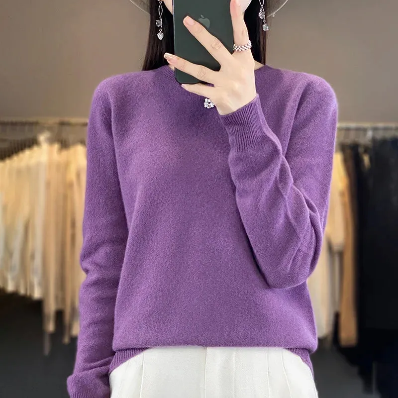 Women 100% Pure Merino Wool Knitted Sweater Autumn Winter Fashion O-Neck Pullover Seamless Jumper Tops Cashmere Warm Clothes