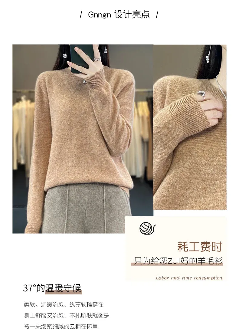 Women 100% Pure Merino Wool Knitted Sweater Autumn Winter Fashion O-Neck Pullover Seamless Jumper Tops Cashmere Warm Clothes