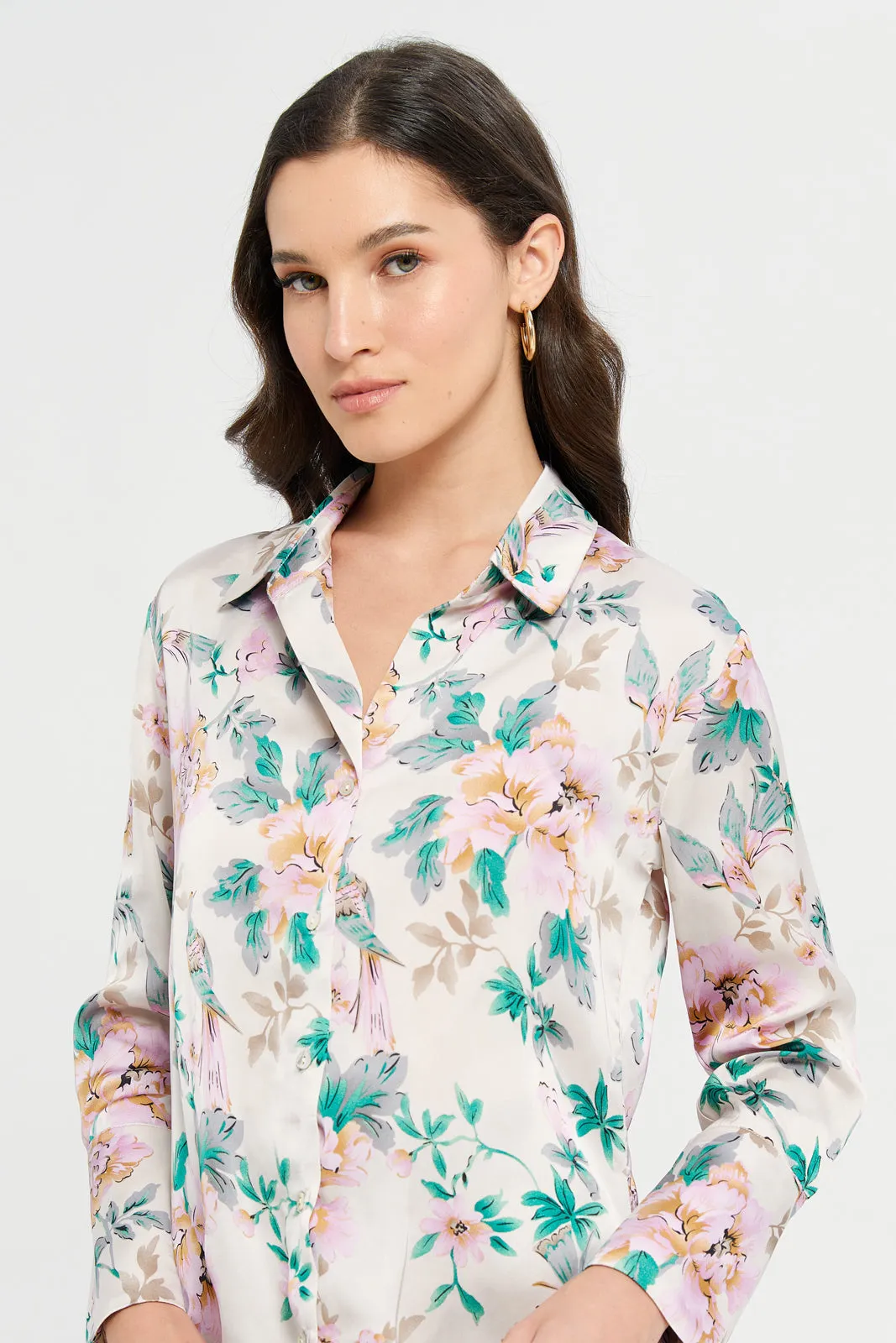 Women Beige Floral Print Oversized Satin Shirt