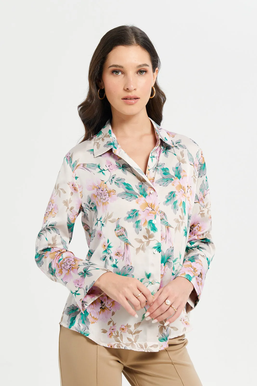 Women Beige Floral Print Oversized Satin Shirt