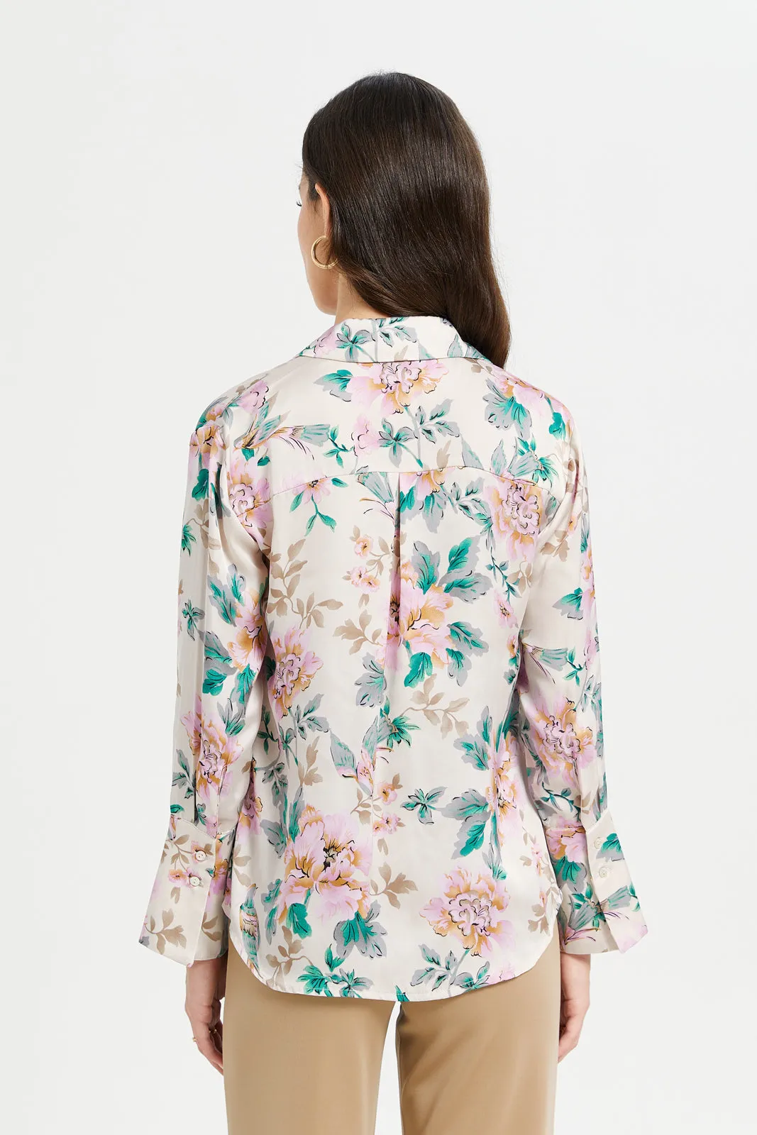 Women Beige Floral Print Oversized Satin Shirt