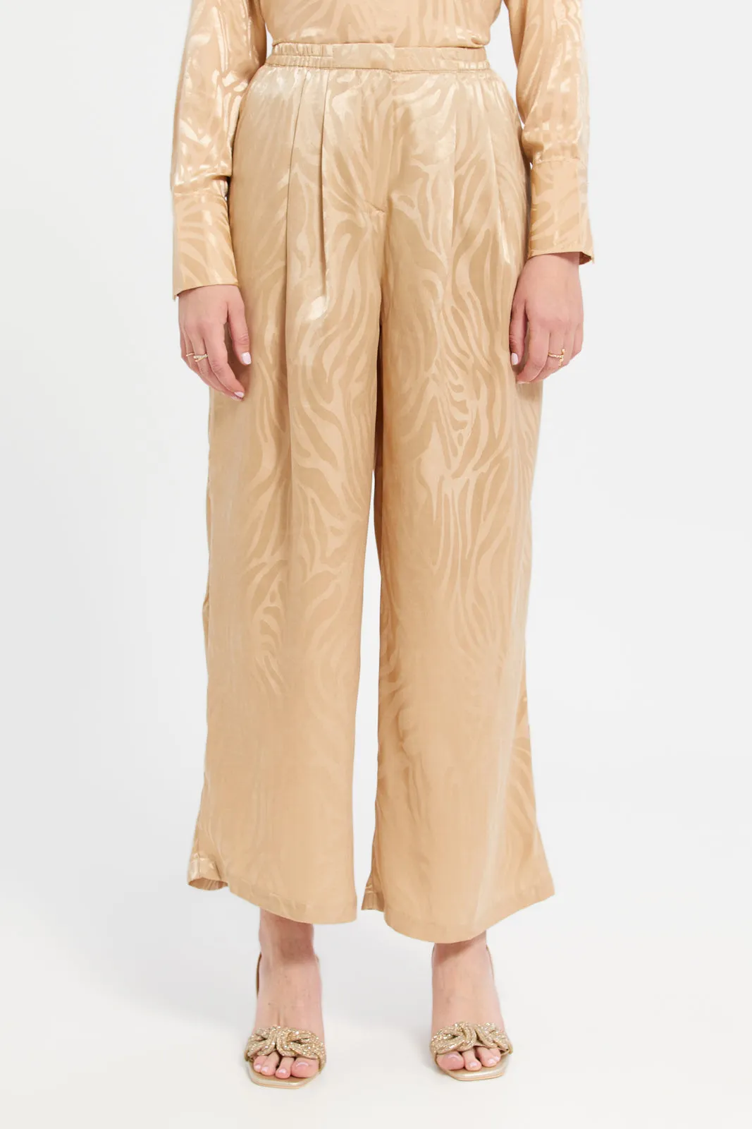 Women Beige Satin Jacquard Trousers