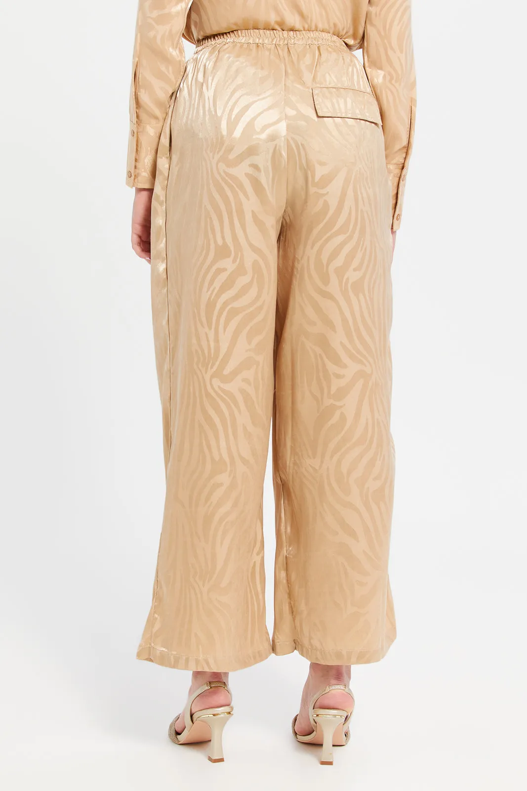 Women Beige Satin Jacquard Trousers