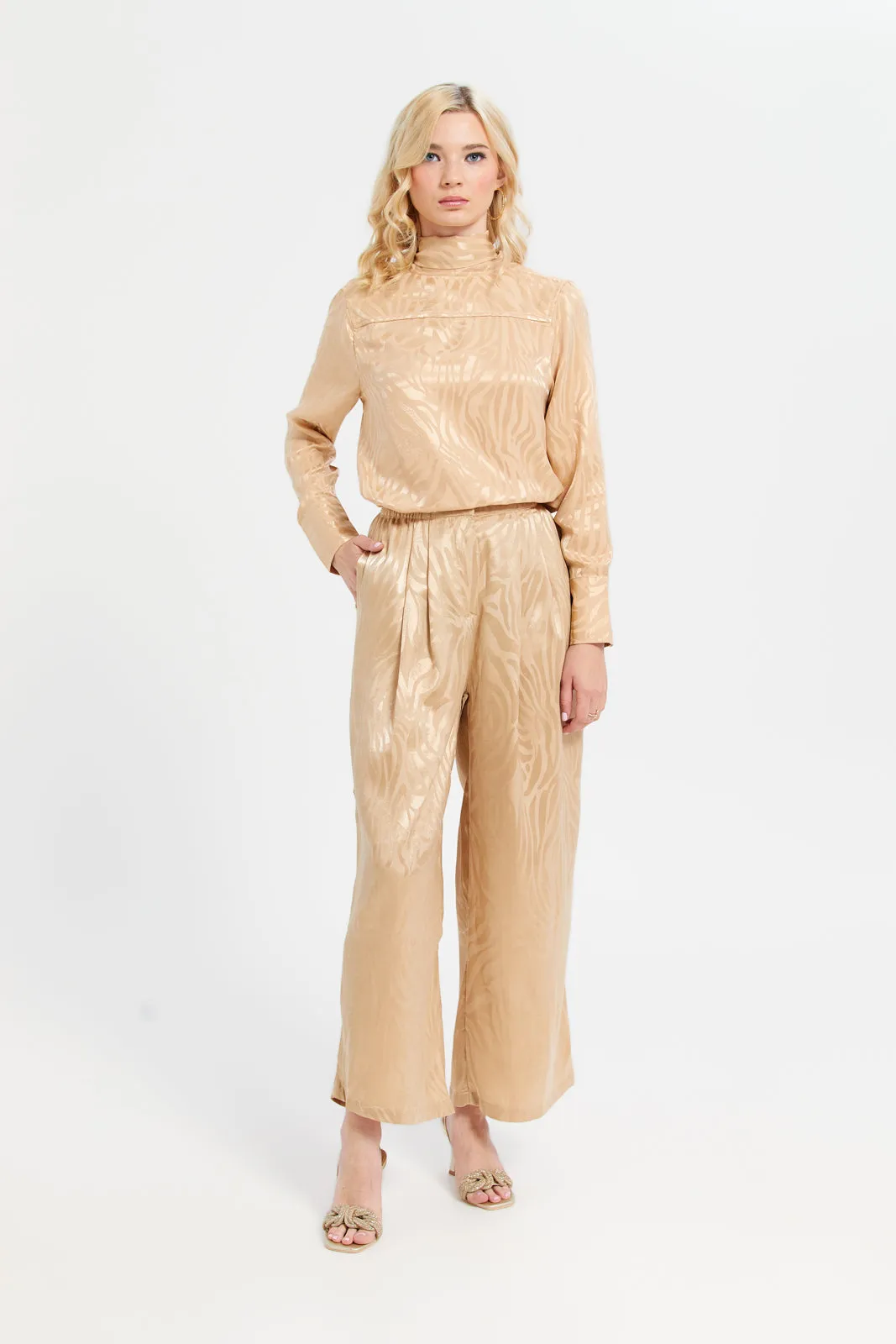 Women Beige Satin Jacquard Trousers