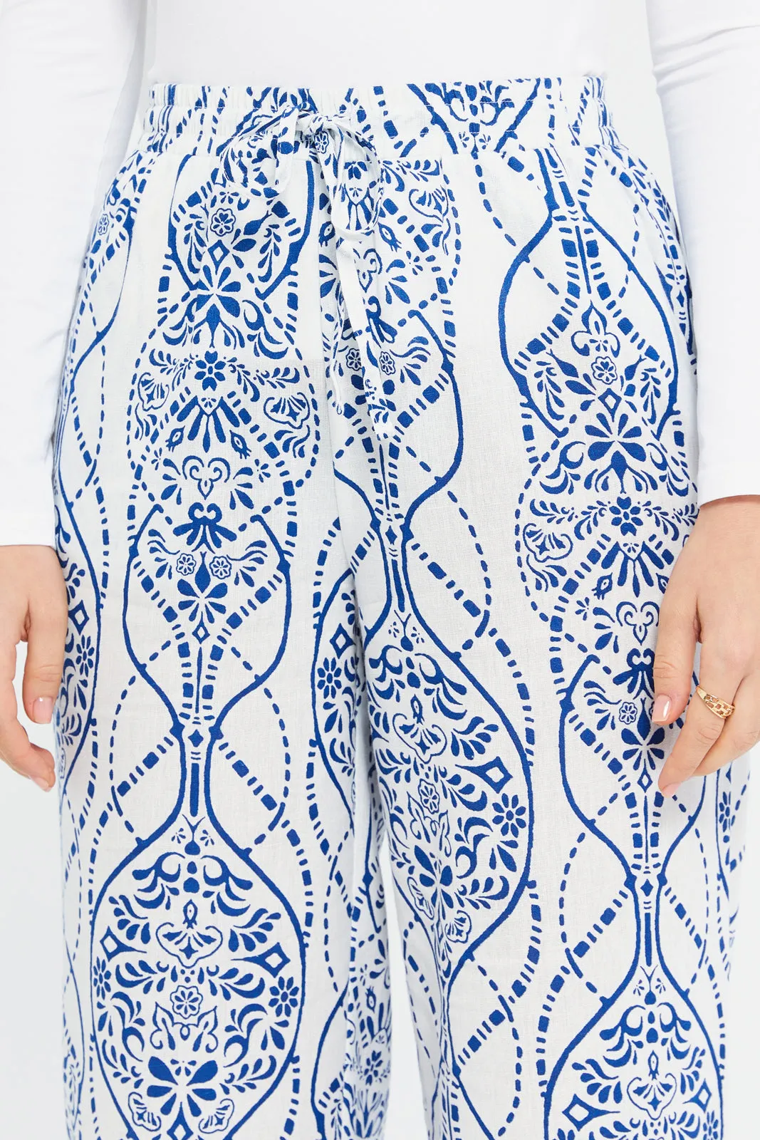 Women Blue And White Printed Wide Leg Trousers