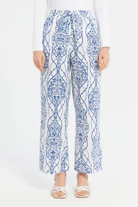 Women Blue And White Printed Wide Leg Trousers