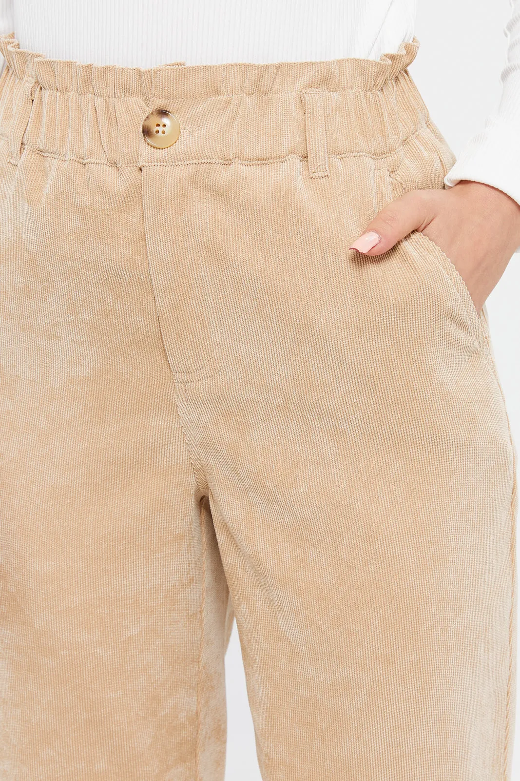 Women Brown Paper Bag Corduroy Trouser