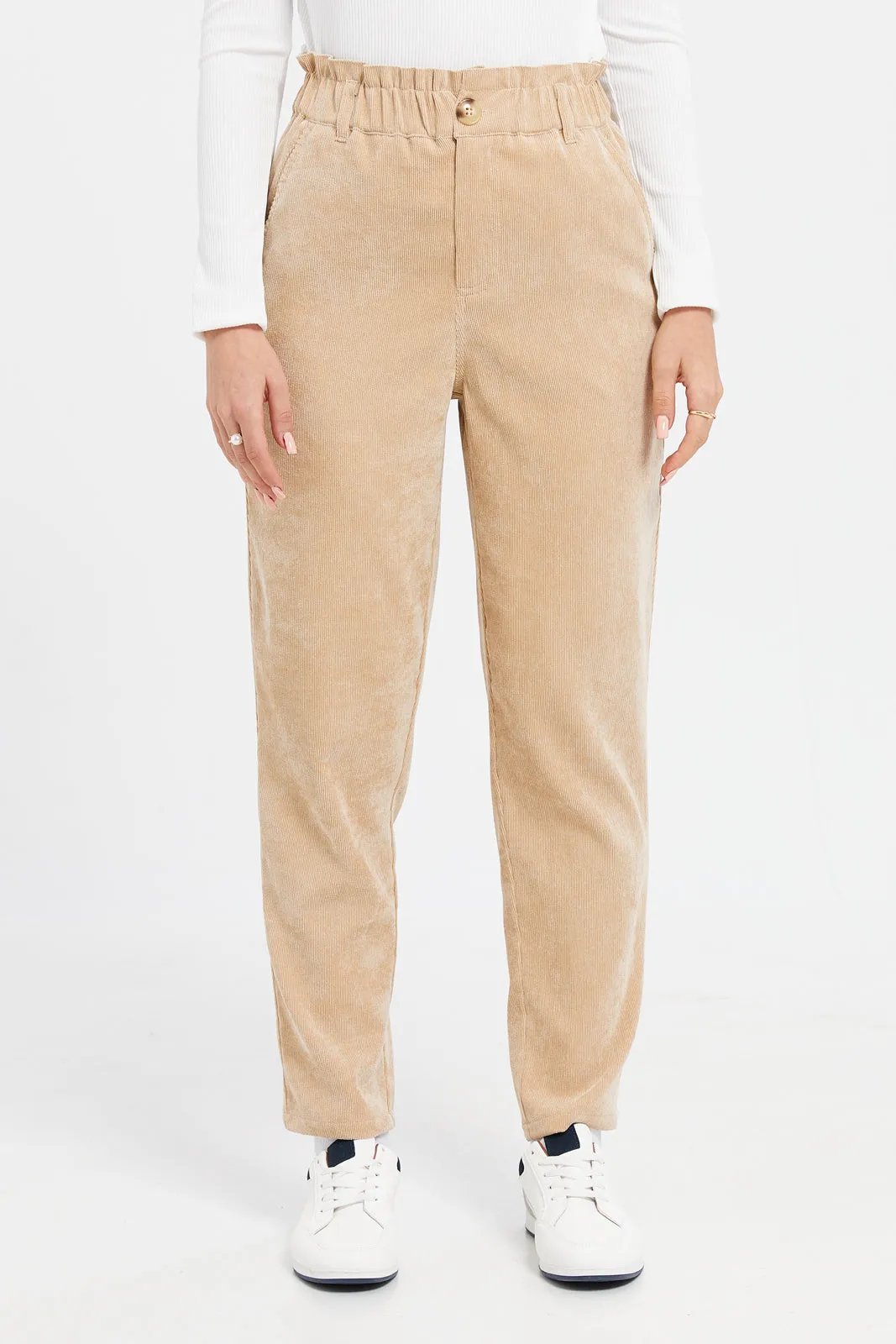 Women Brown Paper Bag Corduroy Trouser