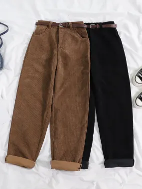 Women Spring Corduroy Pants High Waist Autumn Vintage Korean Casual Wide Leg Pants Elegant Belt Loose Cotton Streetwear