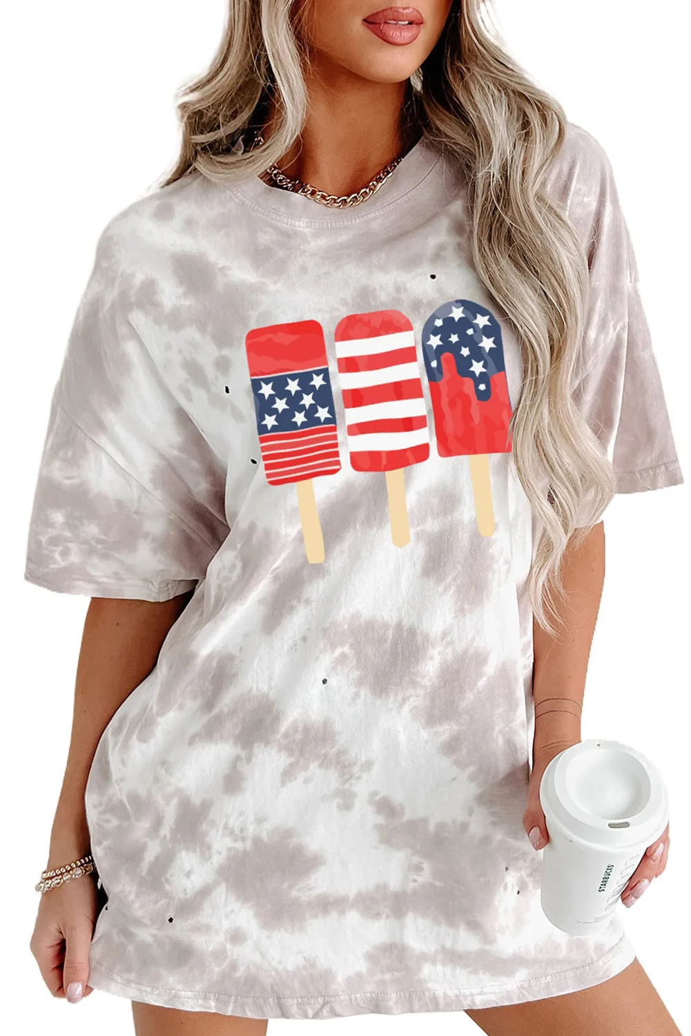 Women's American Flag Casual Oversize Tops Ice Pop Graphic Tie Dye Distressed T Shirt Dress