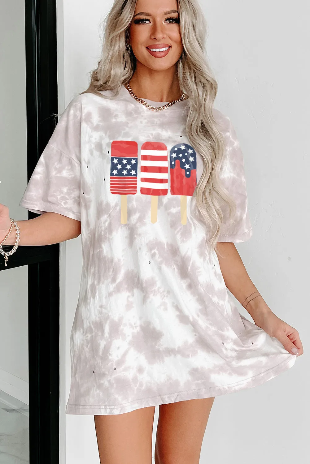 Women's American Flag Casual Oversize Tops Ice Pop Graphic Tie Dye Distressed T Shirt Dress