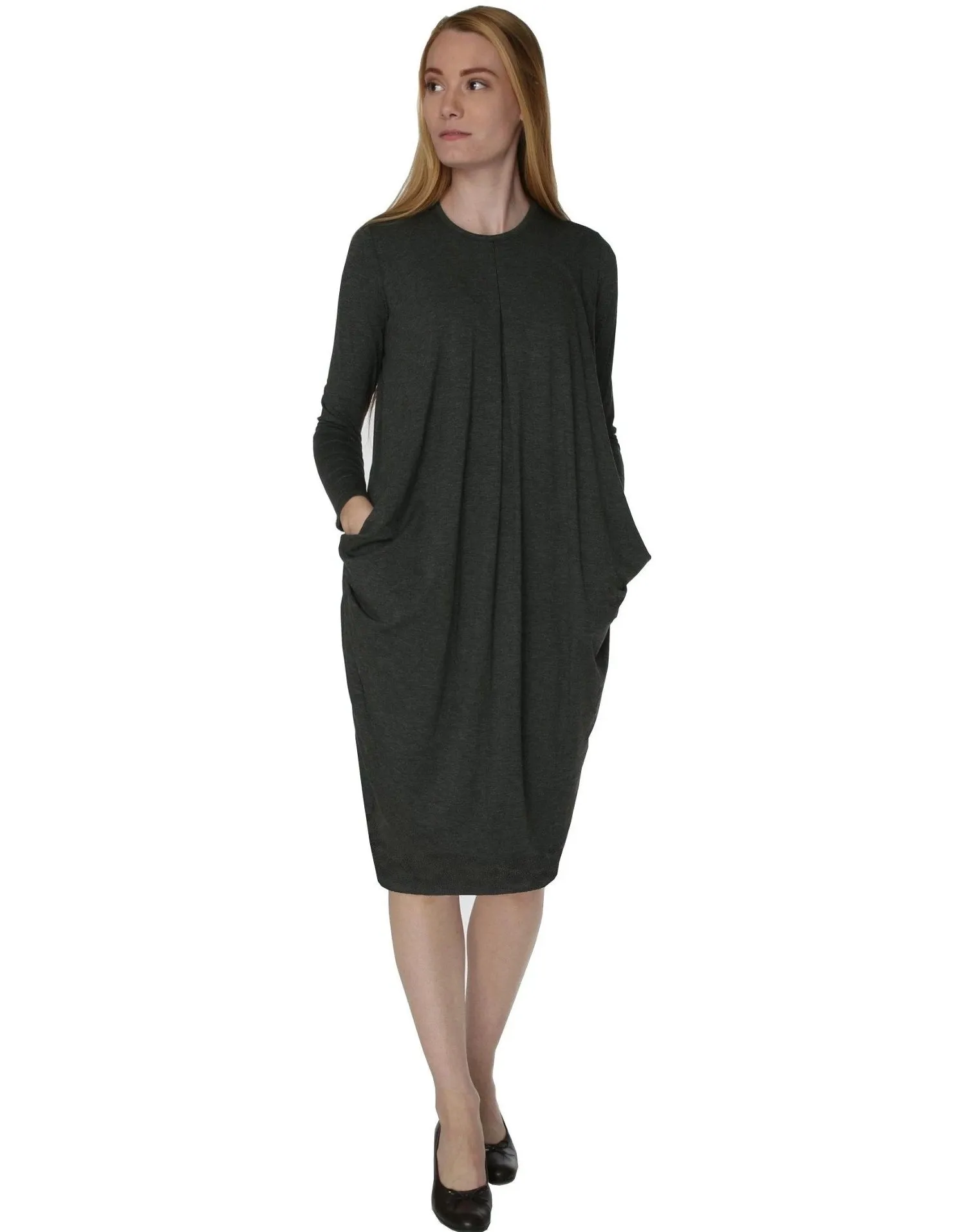 Women's Pleated Drape Front Slouch Pocket Midi Dress