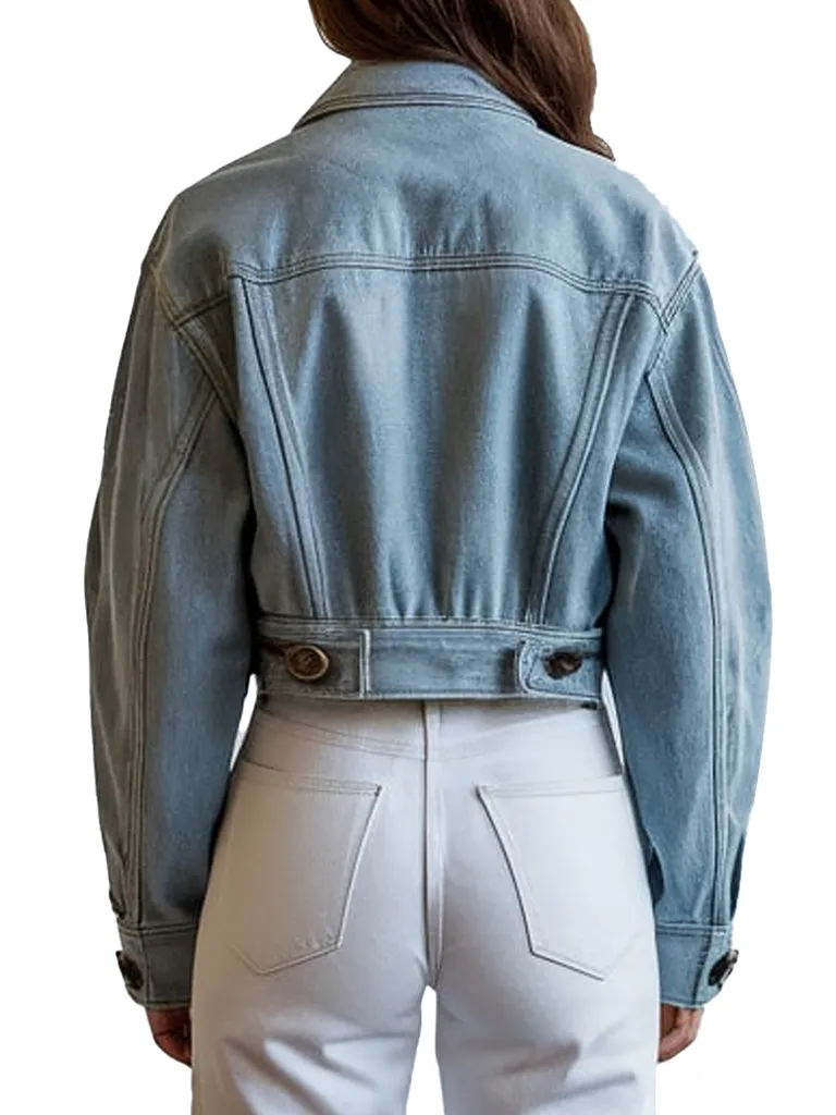 Women's Vintage Style Light Blue Cropped Denim Jacket