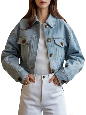 Women's Vintage Style Light Blue Cropped Denim Jacket