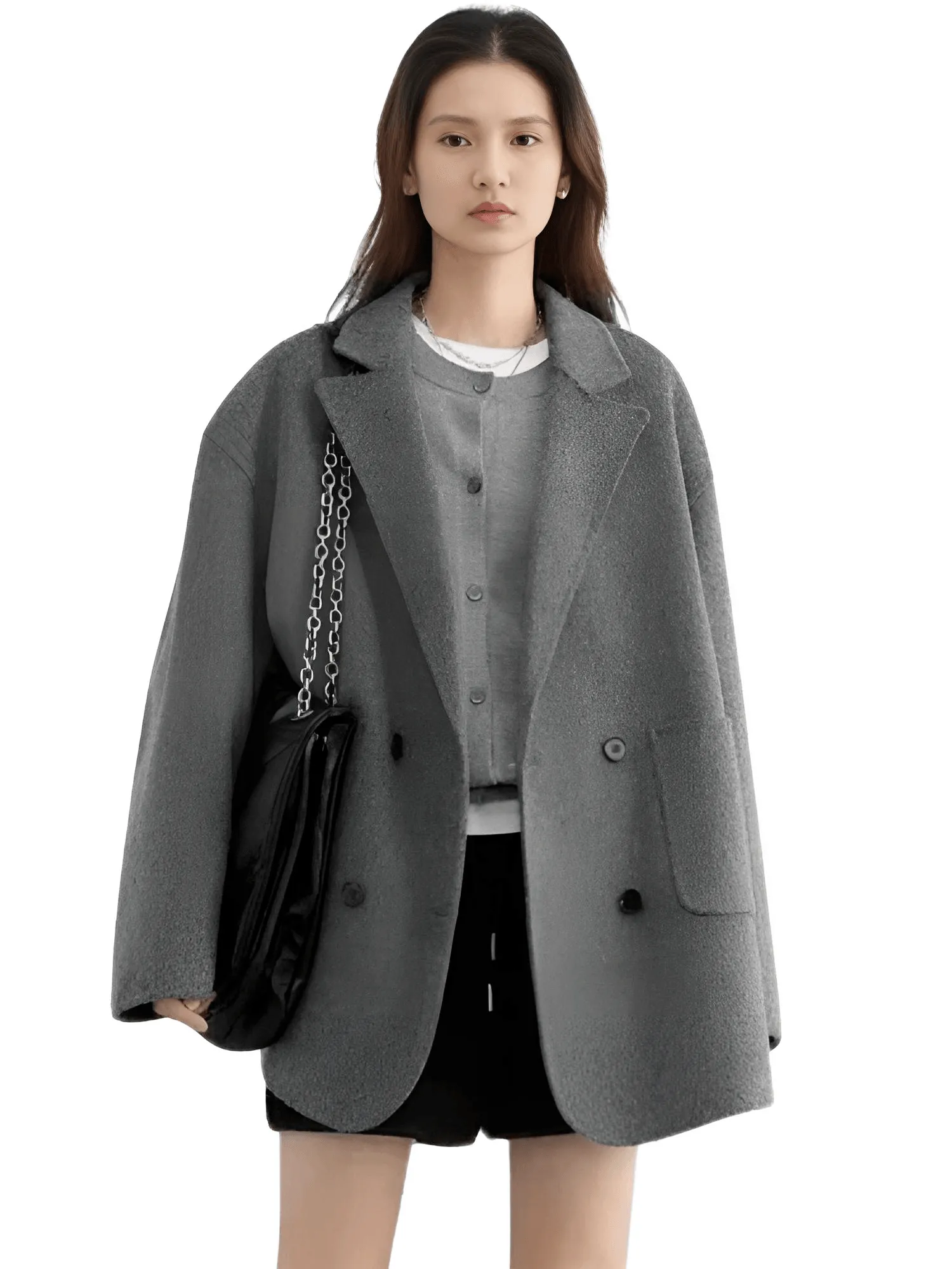 Women's Woolen Coats Loose Casual Double Breasted Retro Jacket Office Lady Outerwear