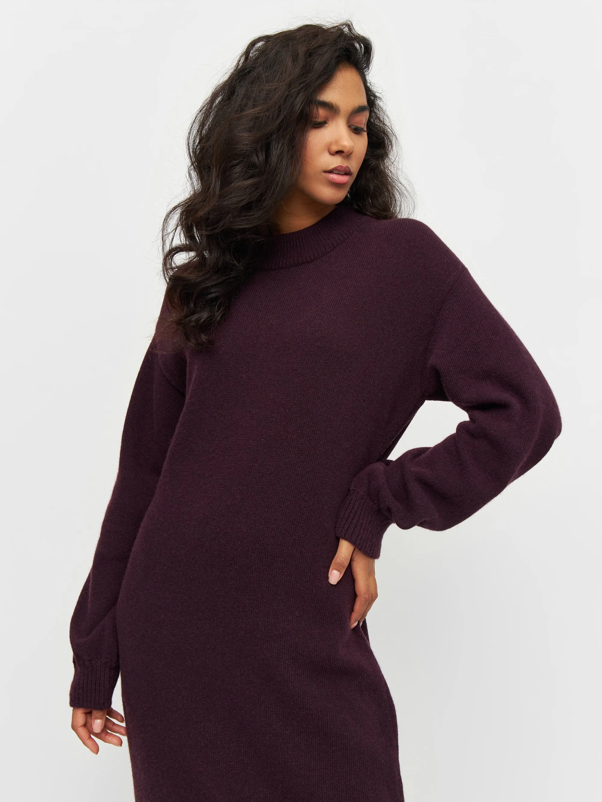 Wool crew neck mid length dress - Chocolate Plum