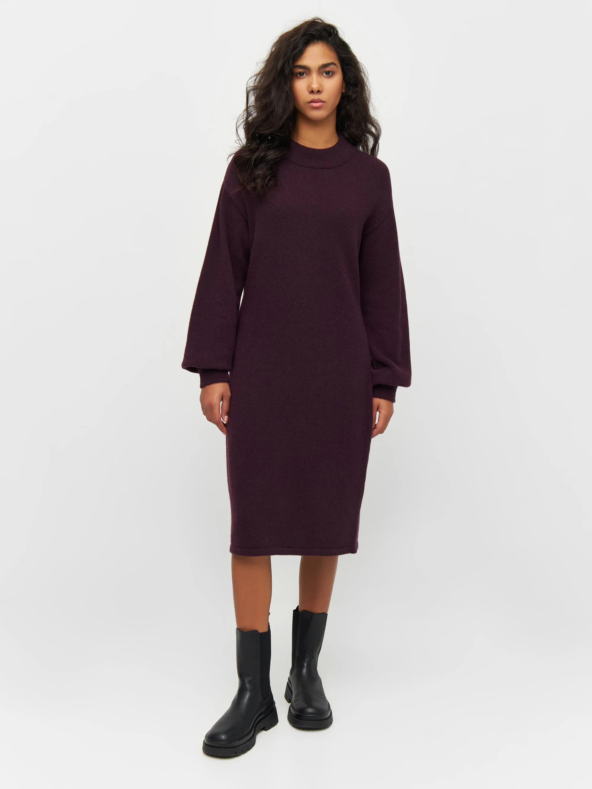 Wool crew neck mid length dress - Chocolate Plum