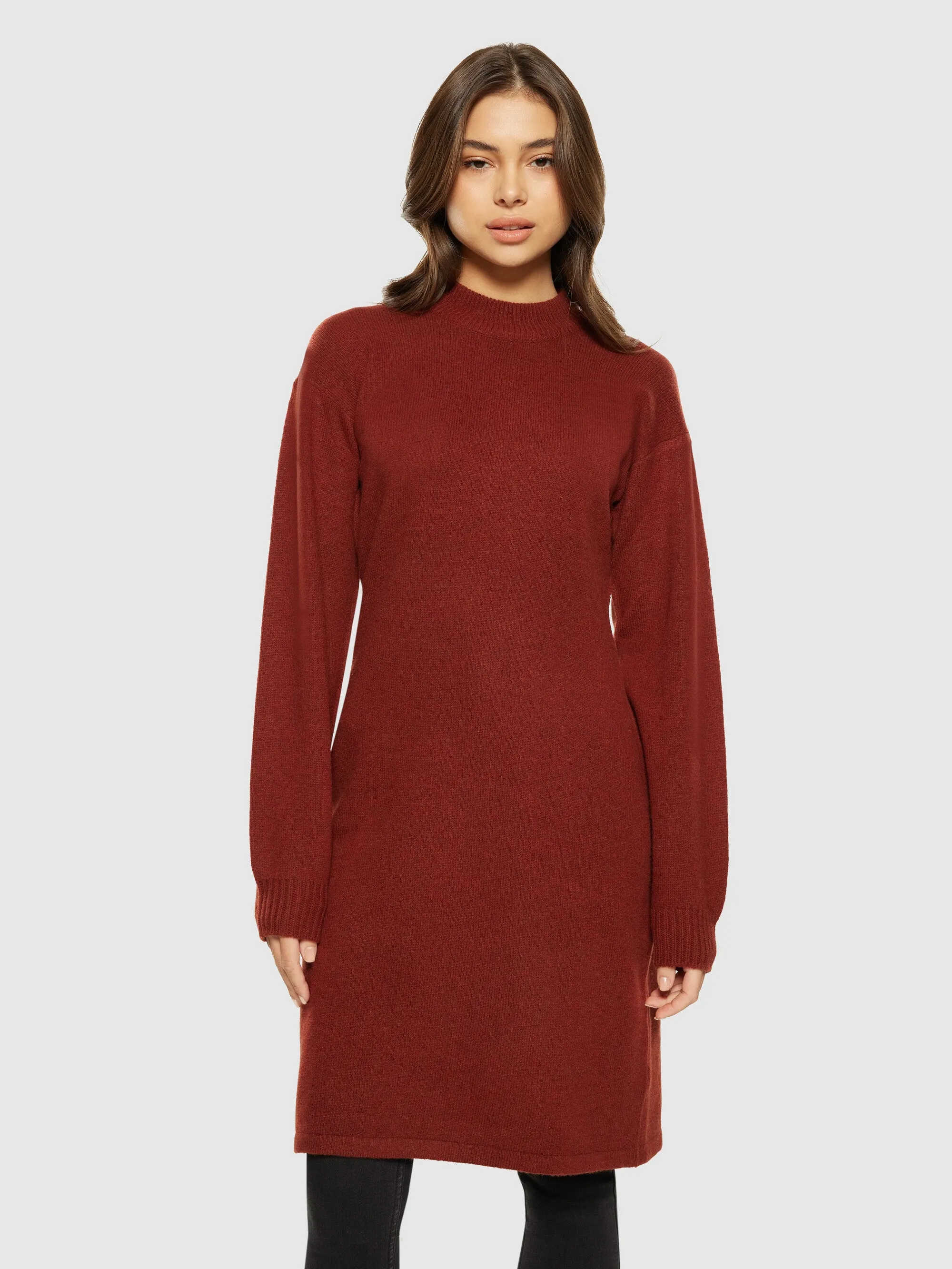 Wool crew neck mid length dress - Fired Brick