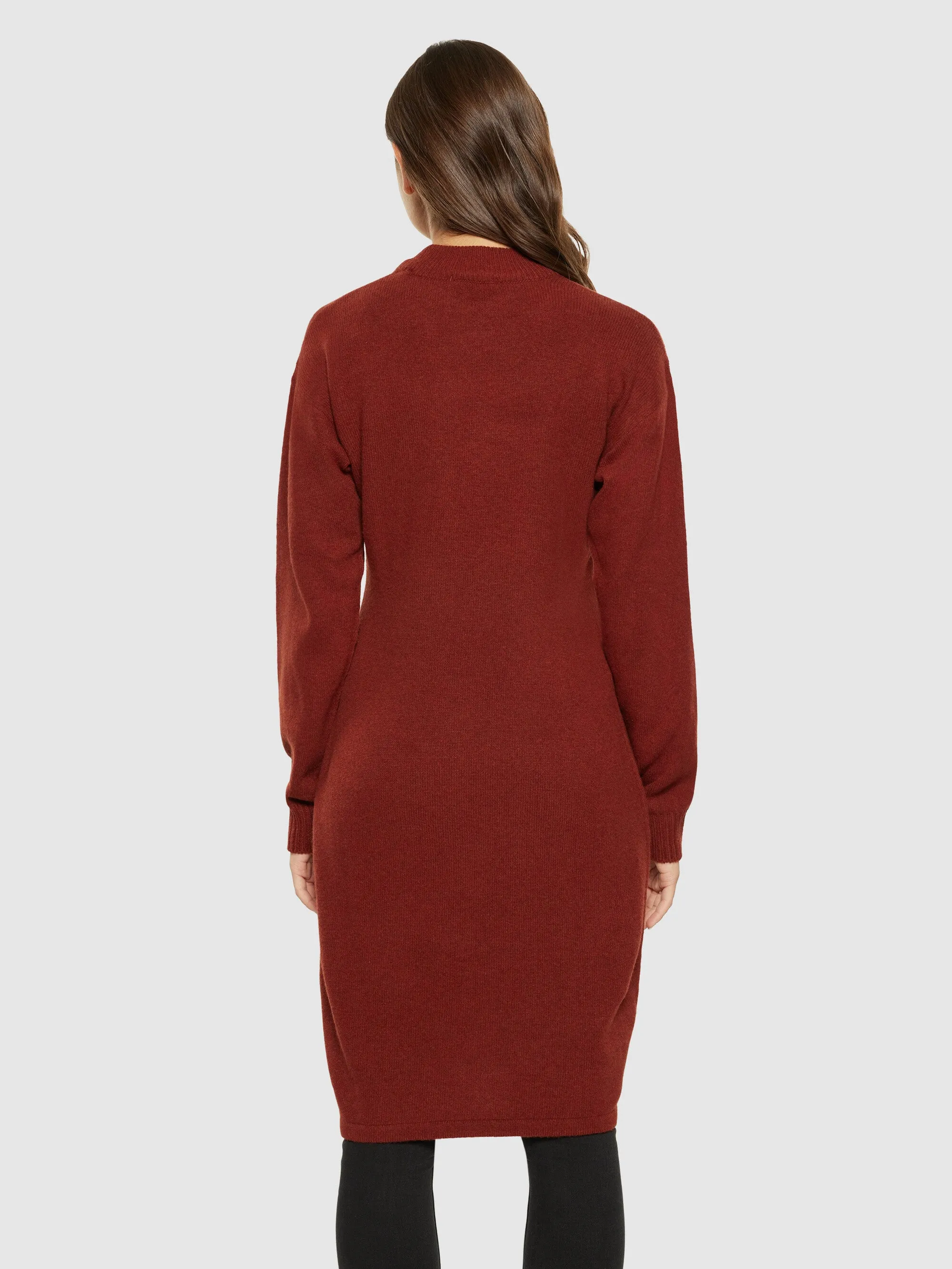 Wool crew neck mid length dress - Fired Brick