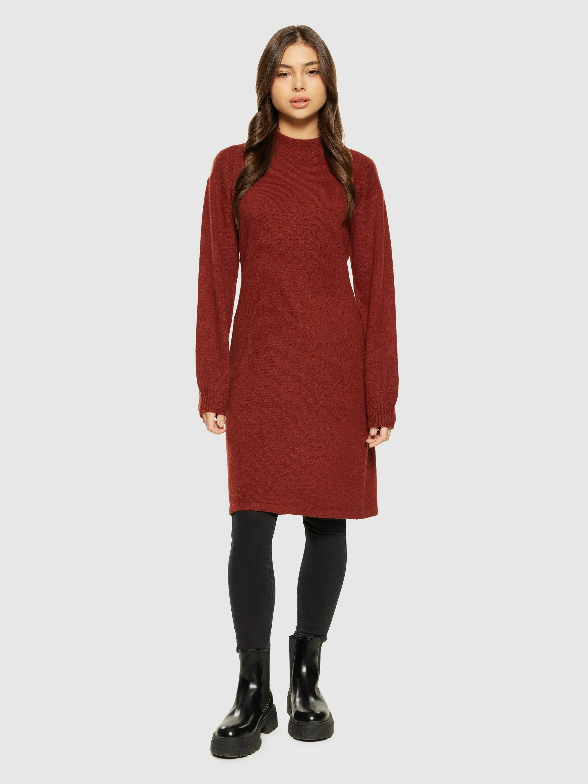 Wool crew neck mid length dress - Fired Brick